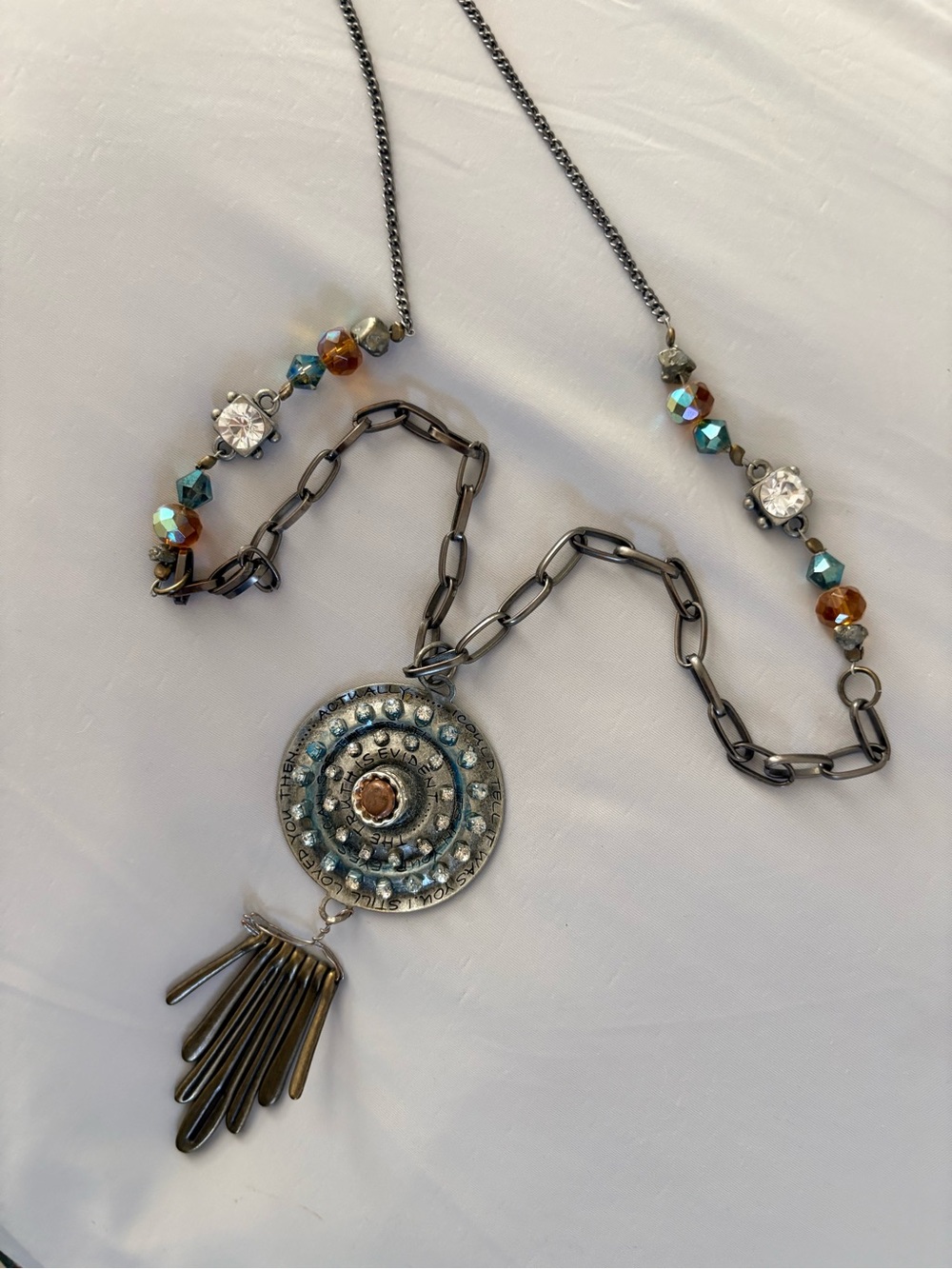 Boho Multi-Color Pendant Necklace with Gunmetal Chain